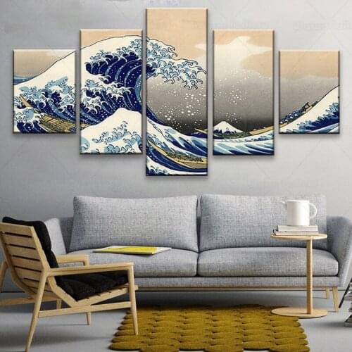 The Great Wave Off Kanagawa Japanese Ukiyo-e Artwork Oil Painting 5 Piece on Canvas Wall Art Home Decor