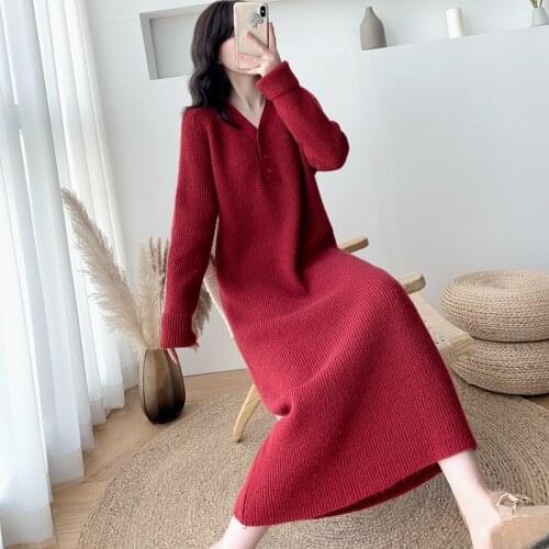 2021 High-quality Korean Version of The Autumn and Winter Long V-neck Knitted Padded Dress Loose and Thin with A Sweater Dresses
