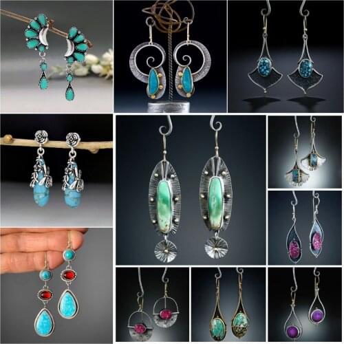 Vintage Earrings Tribal Geometric Stone Hook Dangle Earrings Female Gypsy Indian Long Statement Earring Pendientes Mujer Z4D326