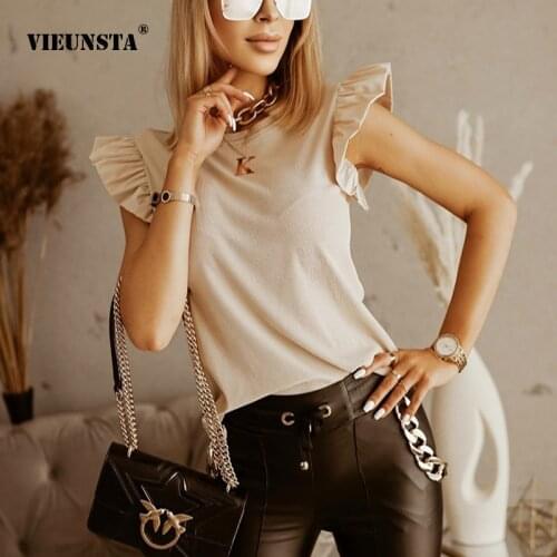VIEUNST Tops Casual Womens 2021 Summer Ruffle O Neck Sleeveless Candy Colors Shirt Solid Color Back Hollow Out Buttons T-Shirt