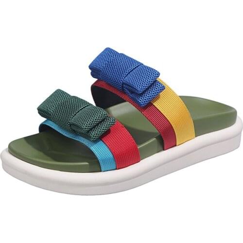 2021 new Womens Slippers Bowknot Lady Black green Slipper Summer Flat Sandals Summer Vacation Beach Casual Shoes Q267