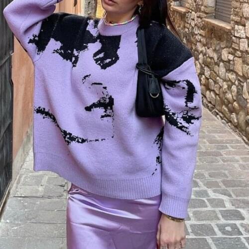 Vintage Print Sweater Casual Y2k Harajuku Long Sleeve Pullover Autumn Winter Patchwork Elegant 2021 Loose O Neck Women Sweater