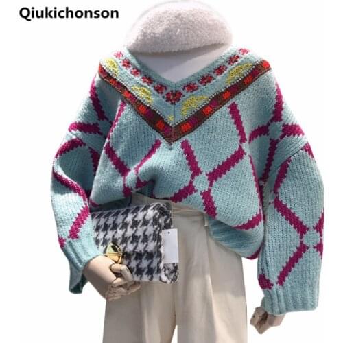 Korean Long Sleeve Crop Top Sweater Women Winter Thick V-Neck Ethnic Jacquard Knitted Argyle Sweater Oversized Pullover Jumpers