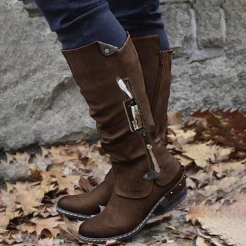Winter Fashion Womens Boots Side Zipper Buckle Strap Mid-Calf Boots Ladies Round Toe Low Heels Punk Riding Boots for Females