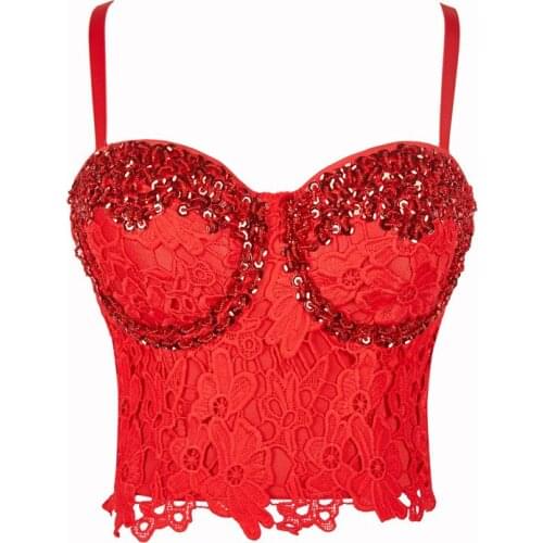 2020 Plus Size High quality Hand-made Red Flora Lace And Sequined Push Up Steampunk Punk Sexy Bustiers Top Club Dance Bras