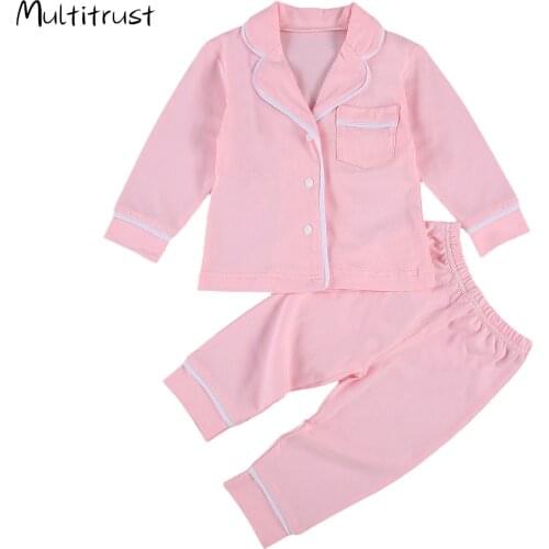 2020 Autumn Winter Toddler Girls Boys Pajama Sets Casual Solid Long Sleeve Single Breasted Tops Long Pants 0-5Y