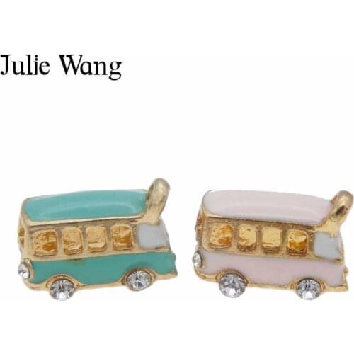 Julie Wang 6pcs Bus Gold Base Enamel Necklace Charms Pendants DIY Bracelet Findings Hanging Jewelry Making Accessory