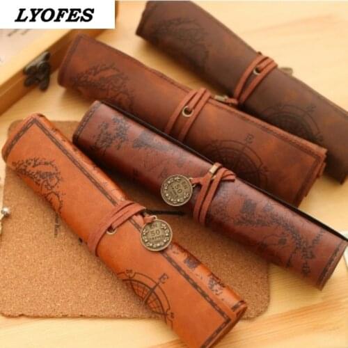 Creative Treasure Map Retro Canvas Leather Large-capacity Roll Pencil Case Cute Simple Roll Pencil Case Pencil Bag Pen Case
