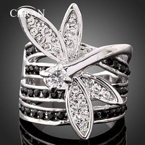 Chran Brand Jewelry Charm Animal Dragonfly Design Silver Plated Promised Crystal Rings for Women