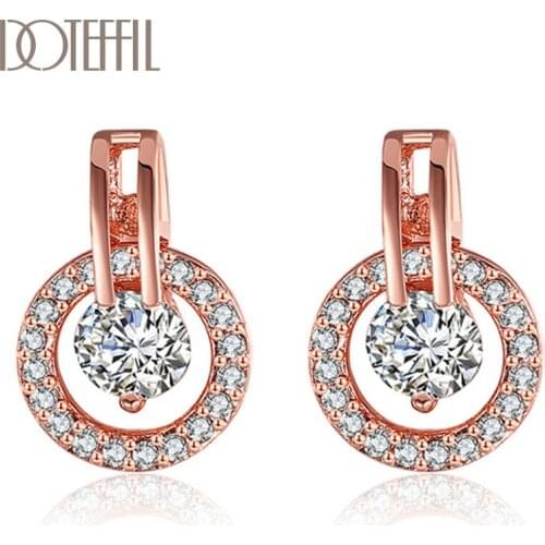 DOTEFFIL 925 Sterling Silver AAA Zircon 18K Gold/Rose Gold Pearl Flowers Charm Earrings Women Fashion Jewelry Wedding Party Gift