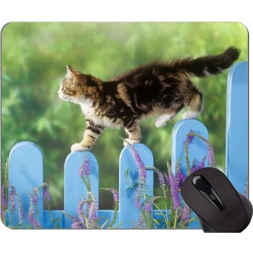 Gaming Mouse Pad Custom,Kitten animal spring fence cat lavender Non-Slip Rubber Base Mousepad