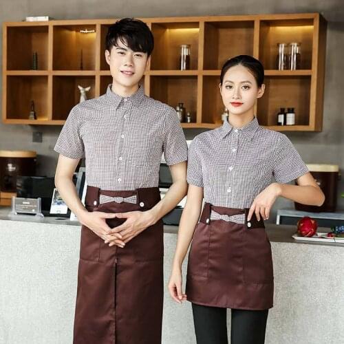 Cafe Shop Work Clothing Summer Hotel Restaurant Waiter Uniforms Short Sleeve Fast Food Shirt + Apron Food Service Work Wear