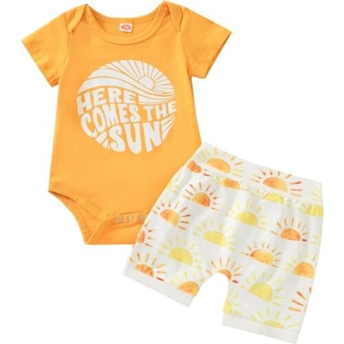 2Pcs Baby Girl Clothes Set Letter Print Short Sleeve O-neck Romper + Sun Print Short Pants Newborn Girls Clothing Set Tracksuit