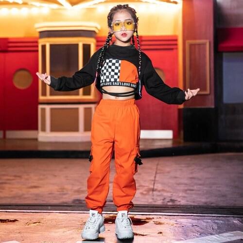 Hip Hop Costumes Girls Street Dance Clothes Orange Pants Kids Modern Stage Performance Wear Children Cheerleading Outfit DN4097