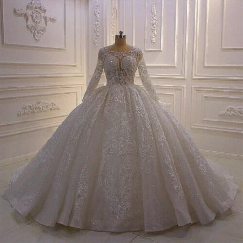 New Wedding Dresses Lace Appliques Sequins Bridal Gowns Custom Made Jewel Long Sleeves Sweep Train Ball Gown Wedding Dress