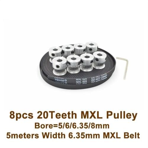 POWGE 8pcs 20 Teeth MXL Timing BeltPulley Bore 5/6/6.35/8mm + 5meters MXL Belt Width 6.35mm Ultimaker 20T 20Teeth MXL Pulley