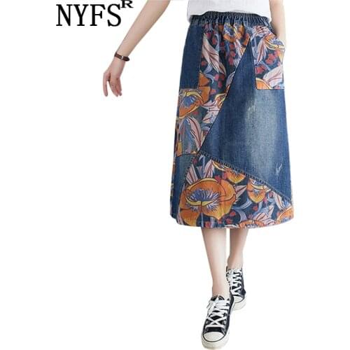 NYFS 2021 New Summer Woman Denim Skirt Vintage printing long skirts vintage jeans pencil skirts