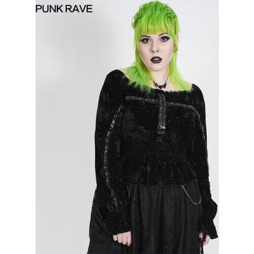 PUNK RAVE Plus Size Womens Gothic Gorgeous Printhorizontal Collar Black T-shirt Punk Micro Trumpet Cuffs Party Club Tops