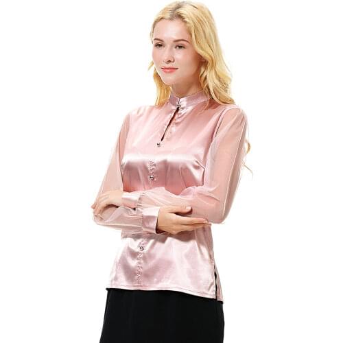 Women Imitation Silk Long Mesh Sleeve Button Down Shirt Work Office Blouse Top womens shirt womens blouse fashion women blouse
