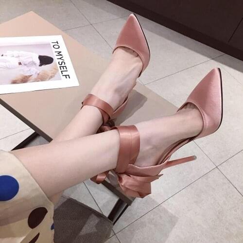 2021 spring new wild pointed shallow mouth single shoes ribbon bow banquet dress bridesmaid wedding shoes stiletto sandals women