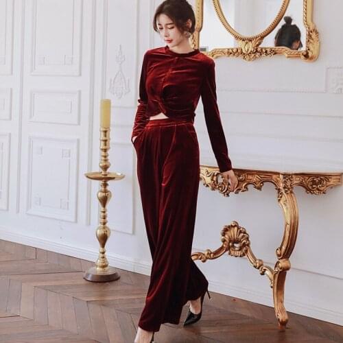 2 Pieces Set 2020 Spring Office Suits For Women Gold Velvet Long Sleeve O Neck Short Tops and Long Pants Suit Workwear Sets