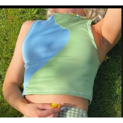 Womens Color Block Tank Tops Sexy Sleeveless Crew Neck Patchwork Slim Fit Crop Tops