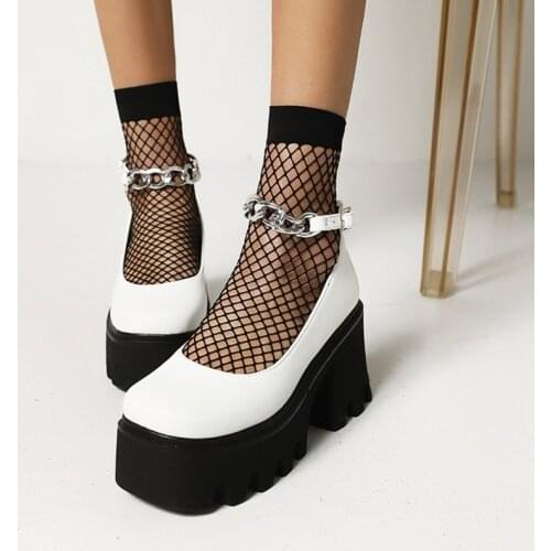 Hard Rock Punk Silver Metal Chain Shoes Women Chunky Heels Platform Goth Shoes Woman Large Size 43 Black White Square Toe Gothic