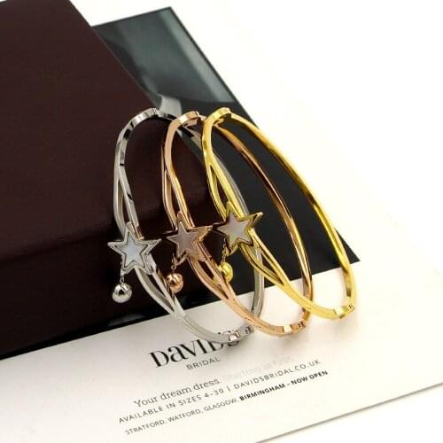 Fashion Brand Rose Gold Color Stainless Steel Better shell Star Charm Hollow Bangle Bracelet Woman Party Wedding Gift