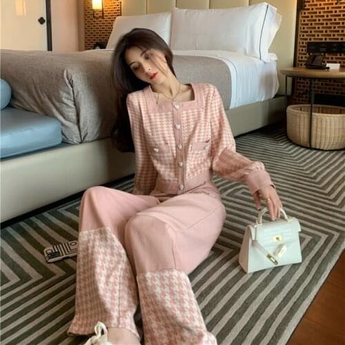 Pink Plaid Two Piece Set Women Square Collar Single Breasted Sweater + Elastic Waist Trousers Set Vintage Tracksuit Sweet C923