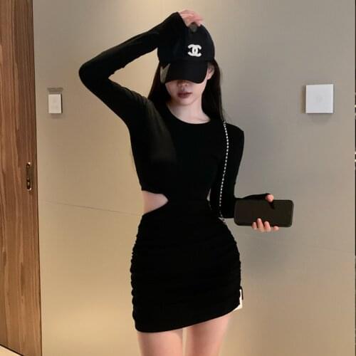 2021 Spring Autumn Korean Temperament High Waist Tight Vintage Sexy Bag Hip Hollow Out One Piece WomenS Fashion Clothing Dress