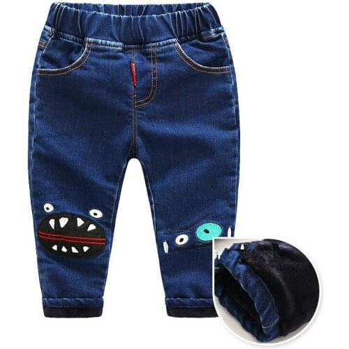 Winter New Toddler Boys Thicken Jeans 2020 Casual Cartoon Plus Velvet Kids Denim Pants Korean Elastic Waist Warm Child Trousers