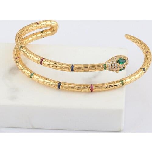 Gold Filled Rainbow Fashion Copper Cubic Zircon Opening Cuff Adjustable Snake Bangle Jewelry For Women Girls Best Gift