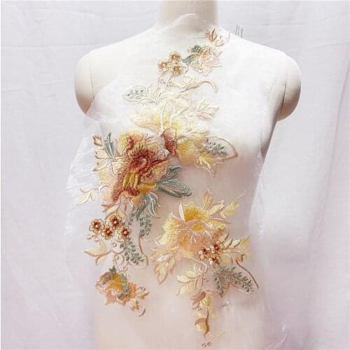 1Pc Embroidery Applique Beaded Pearl DIY Wedding Dress Sewing Clothing Applique Lace Fabric Costumes Decoration Patch