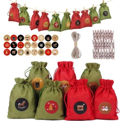 24PCS Christmas Advent Calendar Countdown Bag Sack Hanging Gift Pouch With Clips Stickers 2021 Christmas Advent Calendar Bags