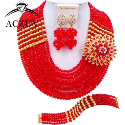 ACZUV 10 Rows Fashion Red African Beads Jewelry Set for Women Nigerian Wedding Jewelry Sets 10LBJZ004