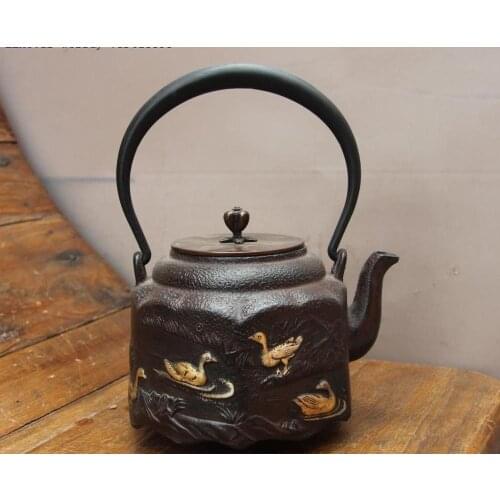Archaic Jepan Technics Iron Silver Gilt Wild Duck Water Bottle TeaPot Teakettle