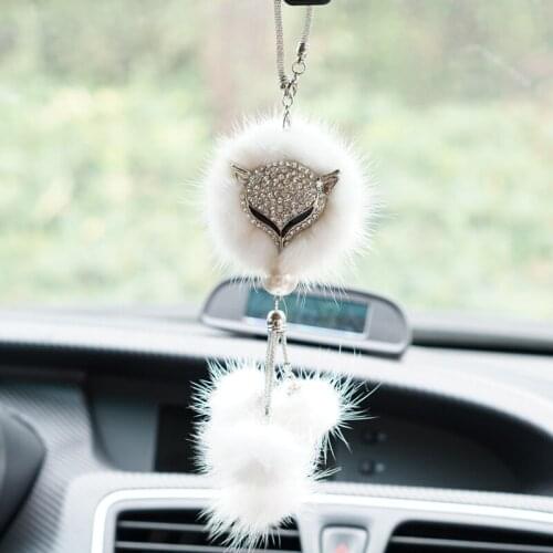 Car Pendant Crystal Fox Mink Fur Charms Automotive Interior Rearview Mirror Decor Hanging Ornaments Accessories Women Gift