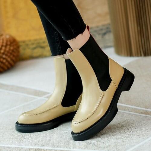 QZYERAI 2021 Ankle Chelsea Boots Platform Women Cow Leather Round Toe Elastic Band Thick Sole Ladies Shoes Handmade