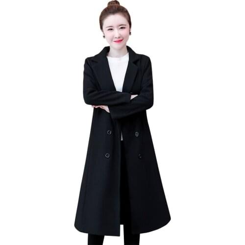 Black woolen coat women autumn winter plus size double breasted plus cotton long outerwear female slim oversize woolen jackets