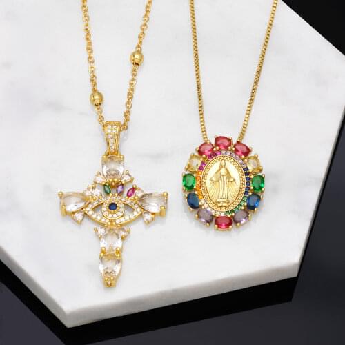 FLOLA Gold Filled Turkish Eye Necklaces For Women Crystal Small Cross Pendant Necklace Religious Jewelry Catholic Gifts nker26