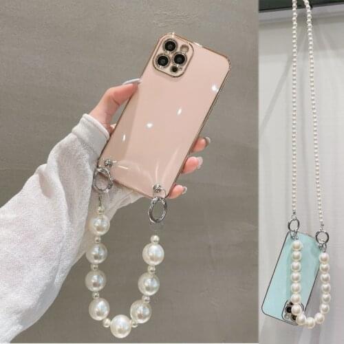 Ins Korea Plating Big Pearl Strap Bracelet Soft Phone Case For iphone 12 Pro Max 11 Pro X XS XR Max 6S 7 8 Plus Mini SE Cover