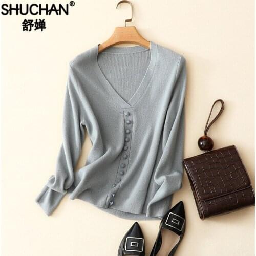 Shuchan Knitted Sweater Cashmere V-Neck Button Solid Office Lady Korean Warm Women Sweaters and Pullovers autumn winter
