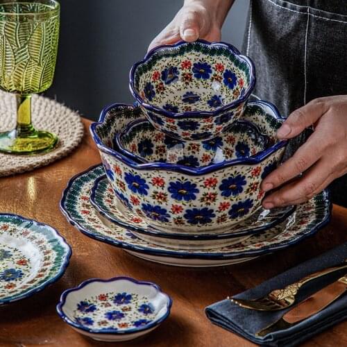Poland Retro Ceramic Dinner Set With 2L Soup Pot Binaural Noodle Bowl Handpainted Butterfly Blue 11inch Deep Fish Plate