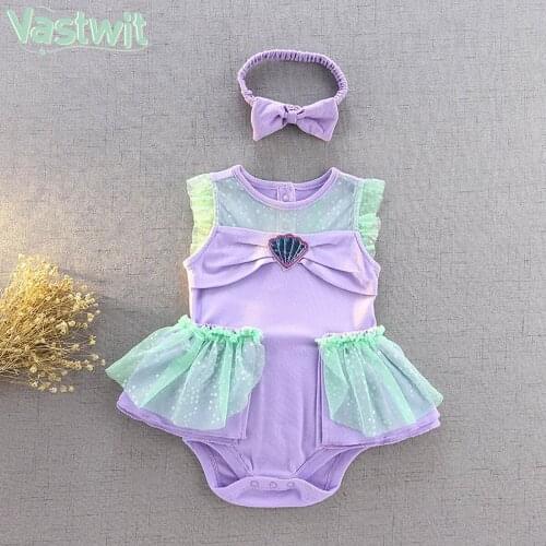 Baby Girls Clothes Sets Mermaid Outfits Mesh Flutter Sleeves Romper Dress+Headband Girl One-Pieces Bodysuit Clothing For Party