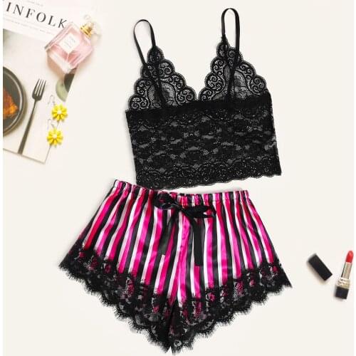 Women’s Two Piece Lingerie Set Fashion Stripe Lace Camisole Bow Loose Solid Color Sling Elastic High Waist Shorts