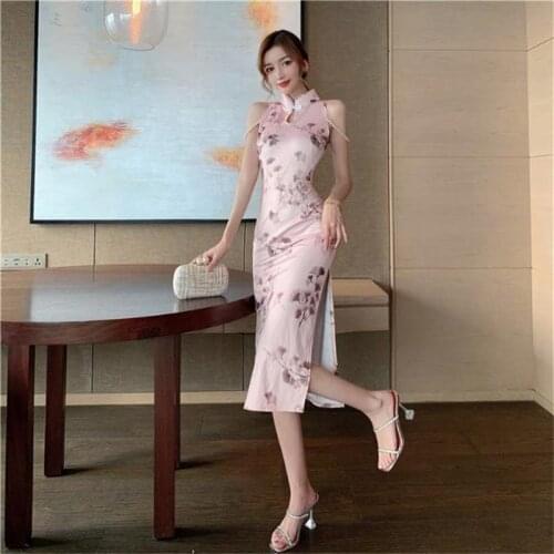 Summer Pink Qipao Dress Girls Leaf Printing High Split Cheongsam Hollow Pearl Slim Hot Sale Fashion Traditional Chinese Clothing