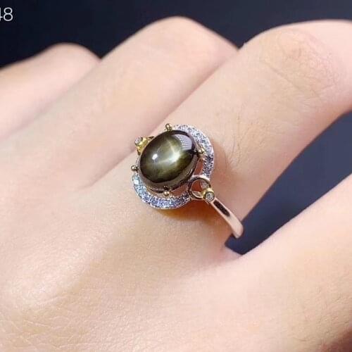 Fidelity Natural 6*8mm Star Sapphire Rings S925 Sterling Silver Simple Fine Jewelry for Women Party Natural Black Gemstone