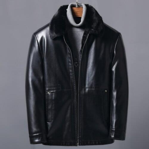 Fathers coat plush thickened middle aged mens leather jacket with and fur
