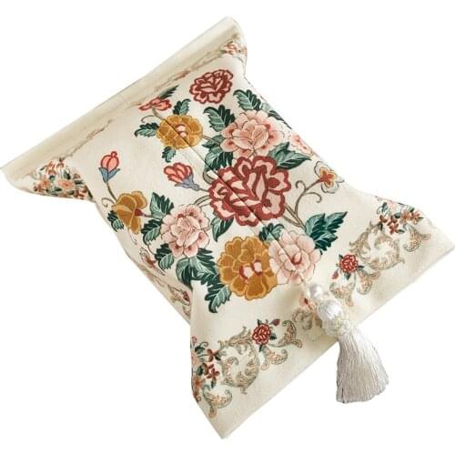 French Farmhouse Tissue Cover Luxury Velvet Napkin Holder With Heavy Tassel Rose Print Blue 18x24cm Gift Idea Home Decoration