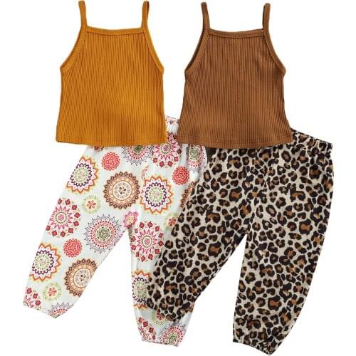 FOCUSNORM 2pcs Summer Fashion Kids Girls Clothes Sets Solid Strap Sleeveless Vest Tops Floral/Leopard Pants 2-6Y